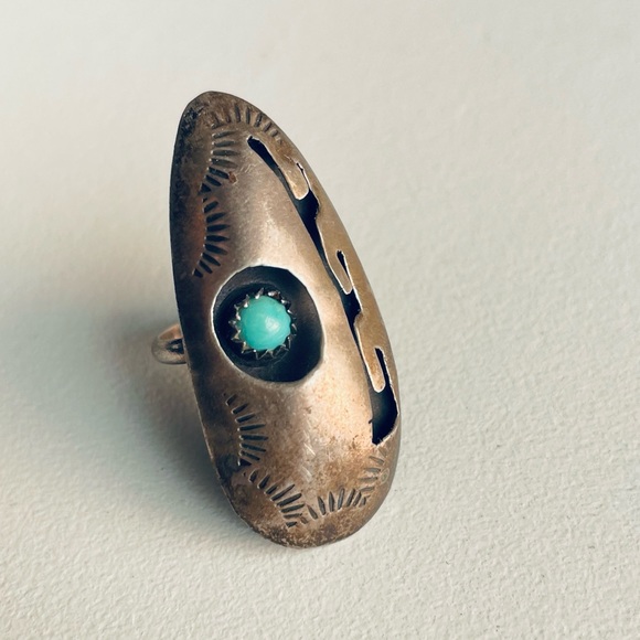 Vintage sterling silver Signed Turquoise Shadow Box Ring - Picture 1 of 12